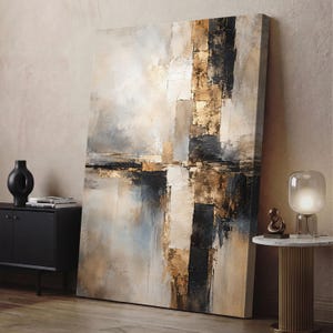 May include: A rectangular canvas painting featuring an abstract composition of vertical and horizontal blocks in shades of black, white, gray, and metallic gold, with visible textured brushstrokes and layered paint application throughout.