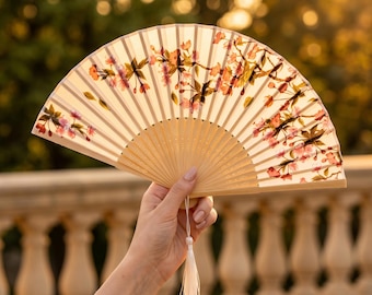 Ventaglio pieghevole in seta con motivo a fiori di ciliegio, bambù naturale, stampa sakura, accessorio per matrimonio, regalo giapponese per lei, decorazione orientale.