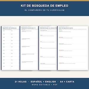 May include: A job search kit document set featuring four white pages with dark blue borders and headers. The pages include sections for tracking applications, interview preparation, STAR method achievement stories, and salary negotiation scripts.