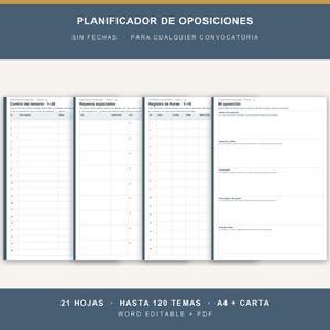 Puede incluir: Un planificador digital para oposiciones con cuatro páginas blancas y encabezados azul oscuro. Las páginas incluyen secciones tituladas Control del temario 1-20, Repasos espaciados, Registro de horas 1-16 y Mi oposición con texto en español.