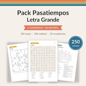 May include: A set of two large-print puzzle books titled Pack Pasatiempos Letra Grande, featuring 100 word searches, 100 sudokus, and 50 crosswords. The cover displays sample pages including a sudoku grid, a fruit-themed word search, and a crossword puzzle.