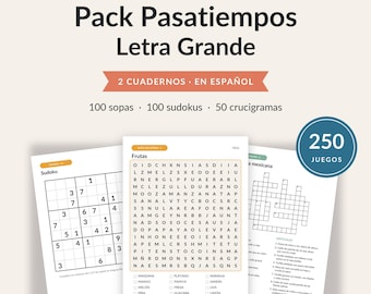 Puzzelpakket in grote letters in het Spaans | 100 woordzoekers, 100 sudoku's en 50 kruiswoordpuzzels met oplossingen | Printbare pdf voor senioren