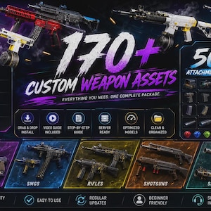 May include: A digital asset pack featuring 170+ custom weapon assets, including pistols, SMGs, rifles, shotguns, and special items. The display shows various firearm models, 50+ attachment options, and icons for installation, guides, and support.