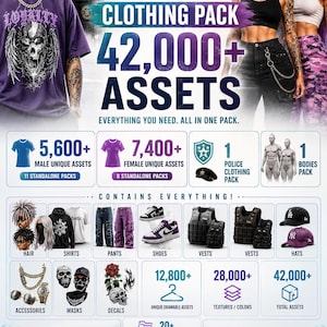 May include: A digital product advertisement for a 20+ GB complete clothing pack containing 42,000+ assets. The graphic displays various clothing items, accessories, and character models, including shirts, trousers, shoes, vests, hats, and masks, with text detailing the asset counts and categories.