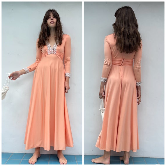 Designer Lillie Rubin 70s coral Maxi Dress Lace d… - image 2