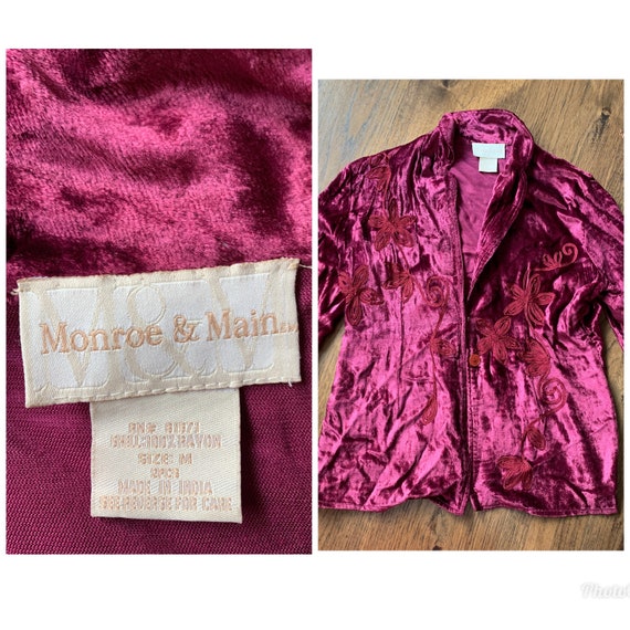 80s maroon velvet embroidered Bell sleeve jacket … - image 5
