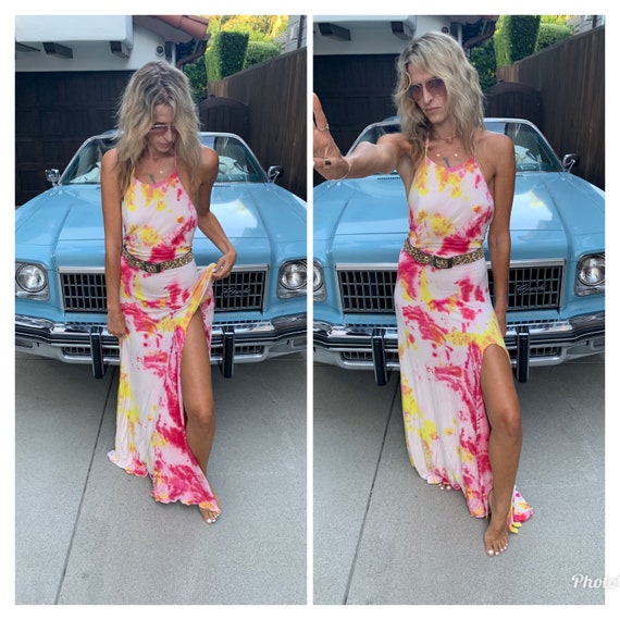 Tie Dyed open back slinky halter maxi dress S-M