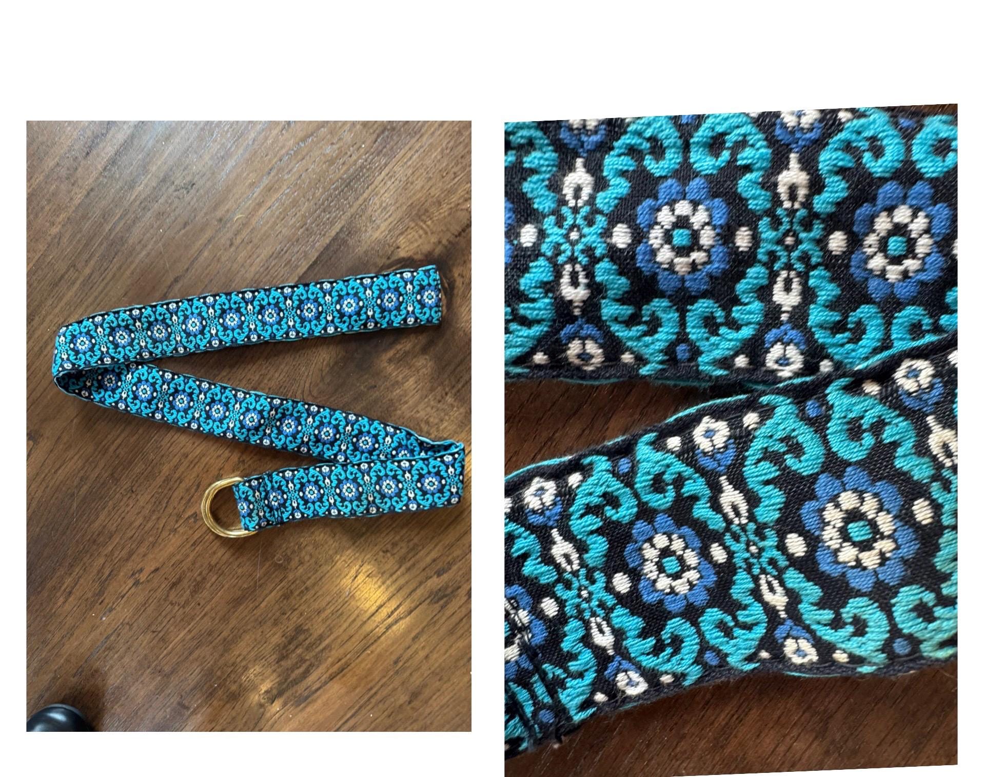 Vintage 90s Landes Floral Patterned Belt Womens L Boho Cottagecore Cream Blue Cottage Core 70s Wide Floral Boho Belt With Brass Buckle S M  main image 3