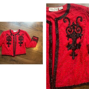 80s Red & black Beaded sequin Glam Sexy Jacket Rock n Roll Space Cowgirl Glitz S M image 4