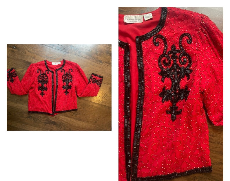 80s Red & black Beaded sequin Glam Sexy Jacket Rock n Roll Space Cowgirl Glitz S M image 4