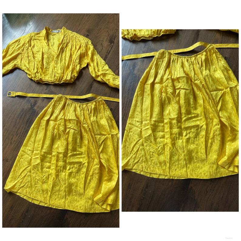 80s two Piece Set 80s Yellow Upcycled Skirt Top w/Belt S M image 8
