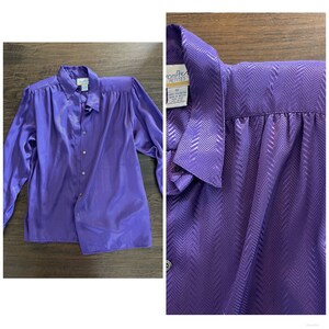 80s Saturated Purple Sheen Secretary Blouse Power Shoulder Deadstock w tags S M image 6