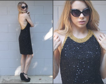 Vintage 80s Oleg Cassini Gorgeous Sequin Cocktail Backless Dress XS S M