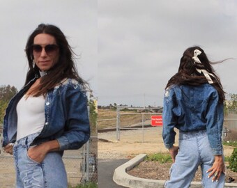 Vintage 80s Jeans Jacket Denim Sparkle Silver Studs cropped Streetwear XS-S-M