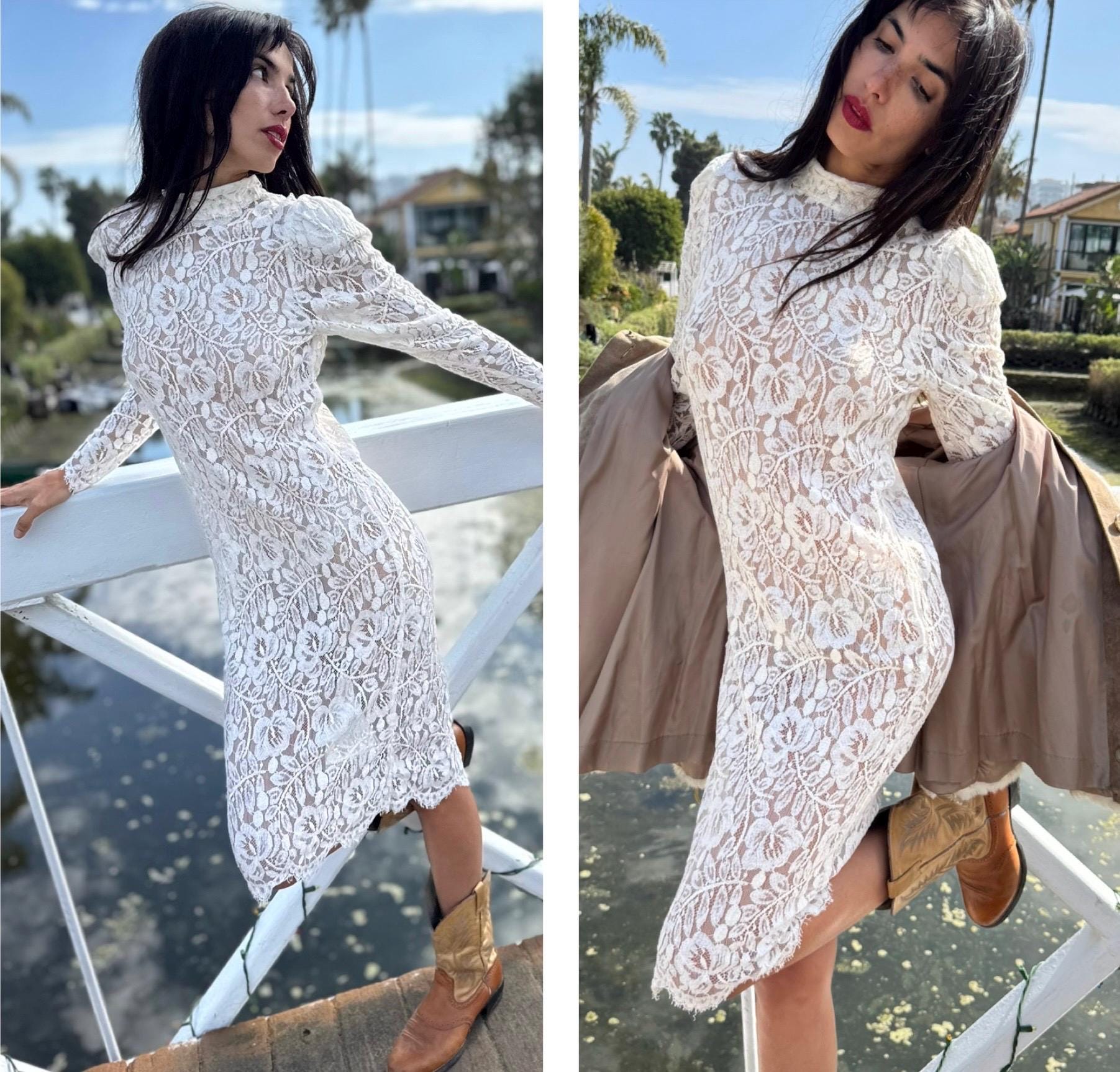 Jessica McClintock ホワイトコットンワンピース 80s 90s Jessica Mcclintock White Lace Long Sleeve Curvy Midi Dress