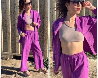 80s Two piece purple set high waist pants jacket S