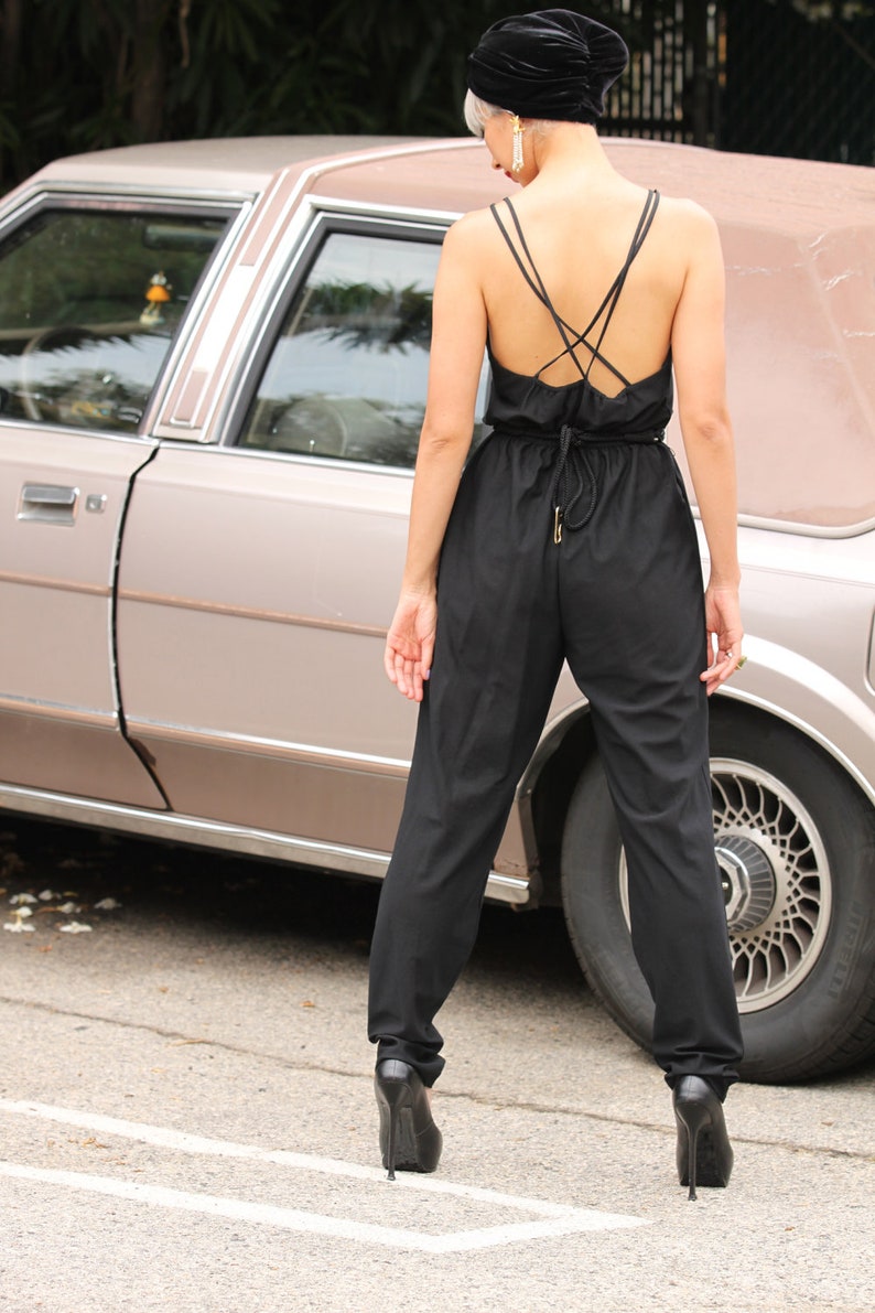 Vintage 80s Art Deco Disco Jumpsuit pants open back high waist gem xs s m image 3