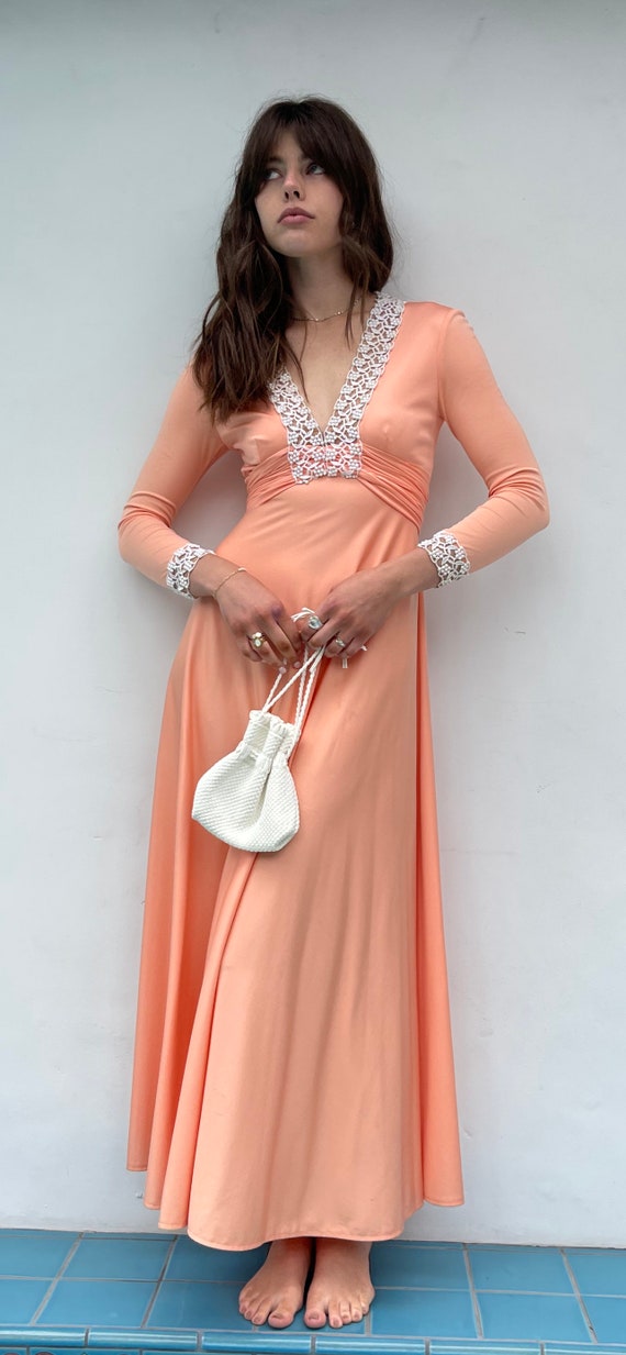 Designer Lillie Rubin 70s coral Maxi Dress Lace d… - image 5