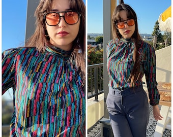 Vintage 80s Multicolor Secretary Blouse top shoulder power deadstock S m