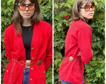 Red Hot Cardigan Sweater 80s Gold Buttons charming pockets S M