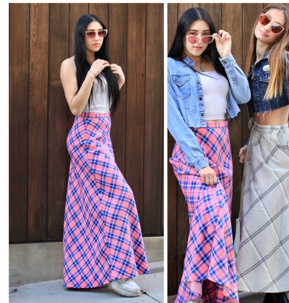 Vintage 70s Sweater Maxi Skirt Plaid High Waist P… - image 1