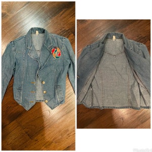 Denim Jean Blazer Jacket with Embellishment Upcycled belt buckle adornment S M image 4