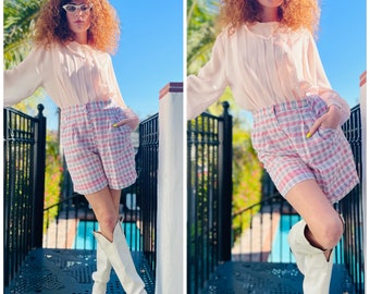 Seersucker rutiga bermudashorts med hög midja i rosa nyanser från 80-talet S M