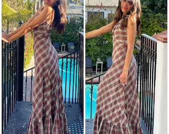 70s Foxy Lady Maxi Dress Plaid boho hippie daisy jones hater dress XS S