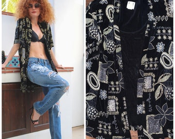 Vintage 80s abstract print swingy jacket duster metallic kimono XS/S/M/L