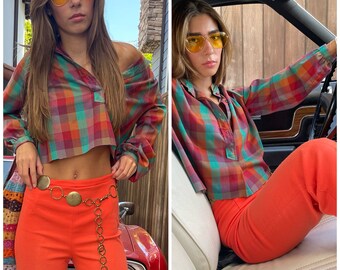 70s chevron plaid orange crop top Check Blouse S M