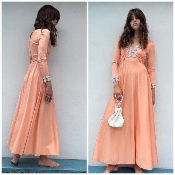 Designer Lillie Rubin 70s coral Maxi Dress Lace d… - image 1