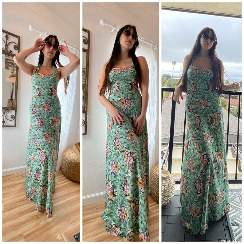 70s floral Halter Dress Maxi Open Back boho goddess Dress S M image 2