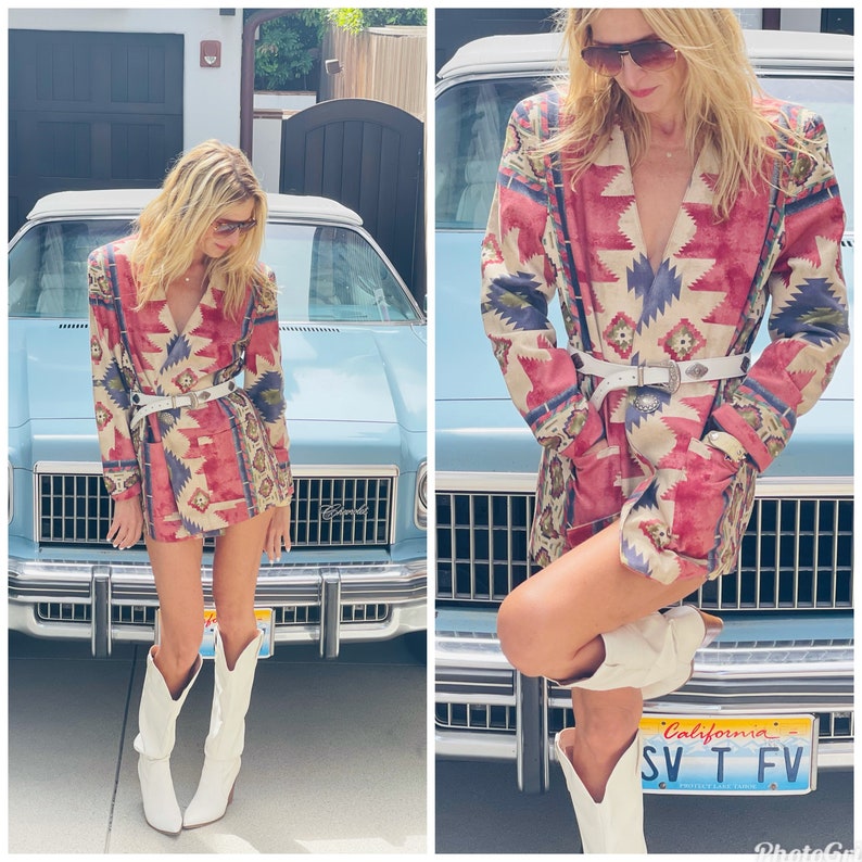 Oversized 80s southwestern Boho Blazer dress power shoulder S M image 1