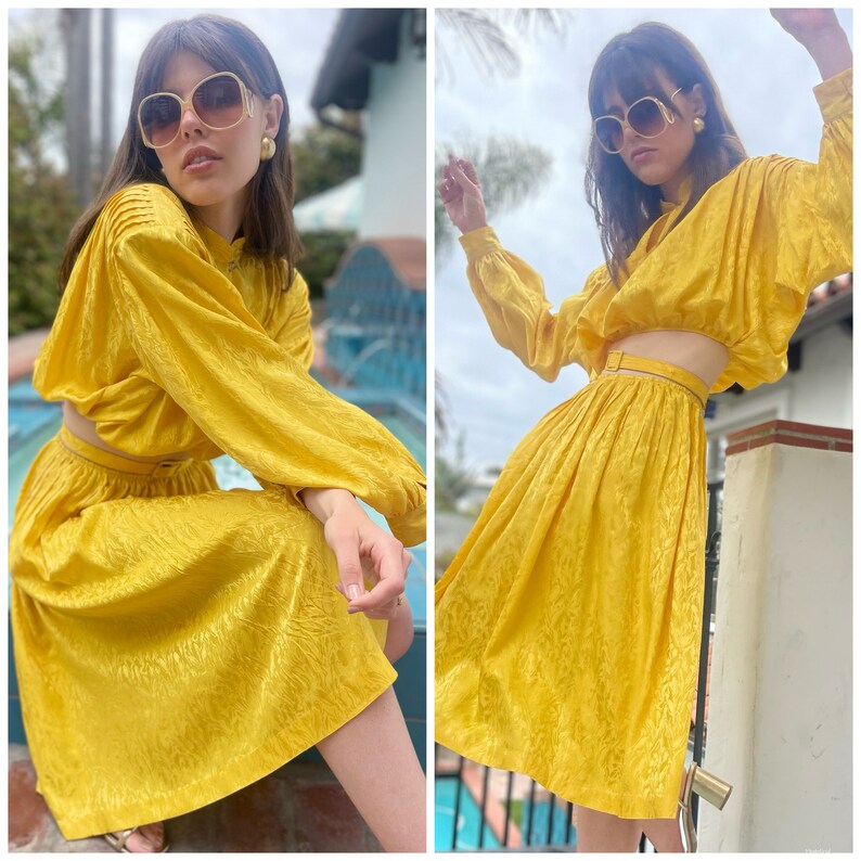 80s two Piece Set 80s Yellow Upcycled Skirt Top w/Belt S M image 6