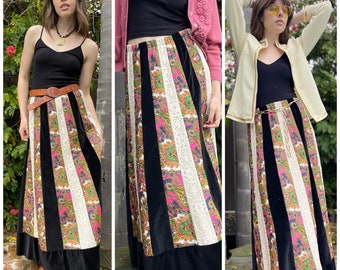 70s Daisy Jones Exquisite Maxi Skirt Boho Patchwork Paisley Lace Velvet S M