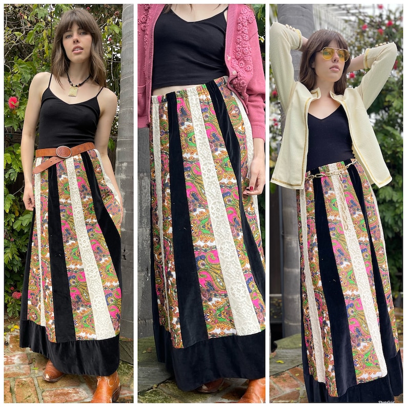 70s Daisy Jones Exquisite Maxi Skirt Boho Patchwork Paisley Lace Velvet S M image 1