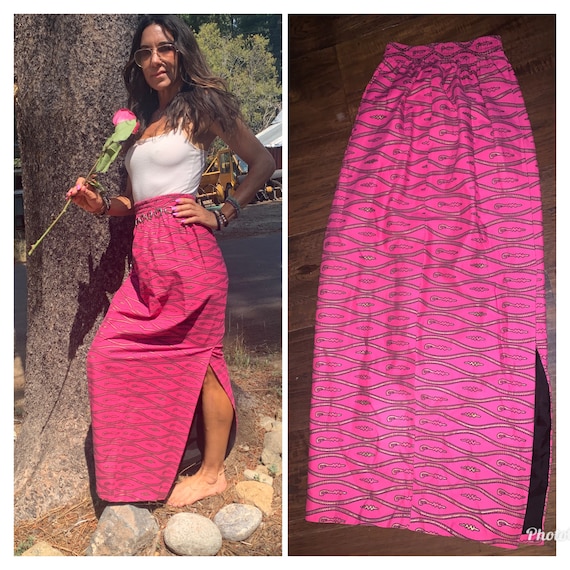 70s pink graphic print maxi skirt boho hippie xs s - image 1