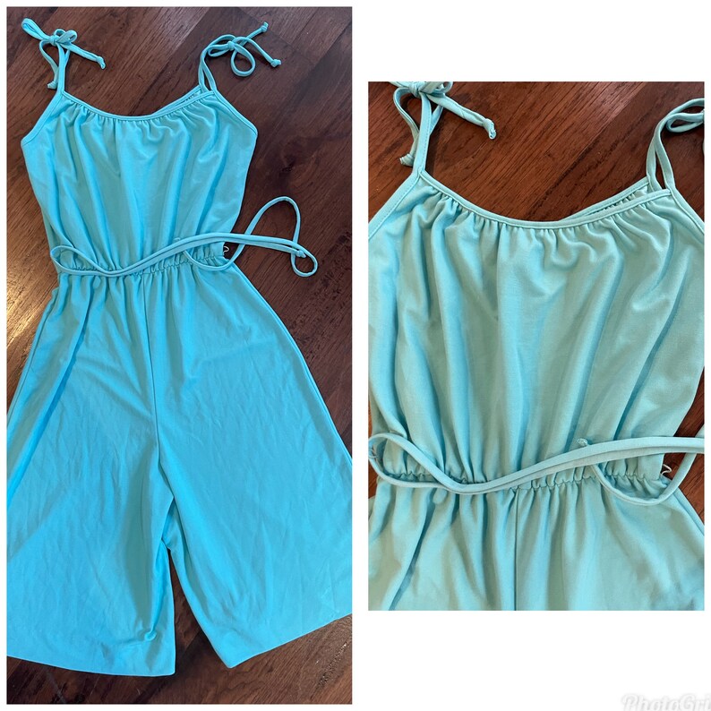 70s 80s Cute Turquoise Jumpsuit Romper Playsuit S M image 3