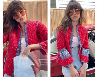 70s Cottage Core Quilted Jacket Red Cute Details S M