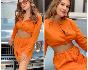 80s upcycled orange Bill Blass Skirt + crop SET knit set S M
