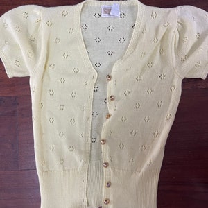 70s yellow Knit Puff sleeve Cardigan Sweater Gold buttons S M image 7