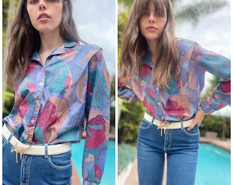 80s Floral Secretary Blouse Flirty S M