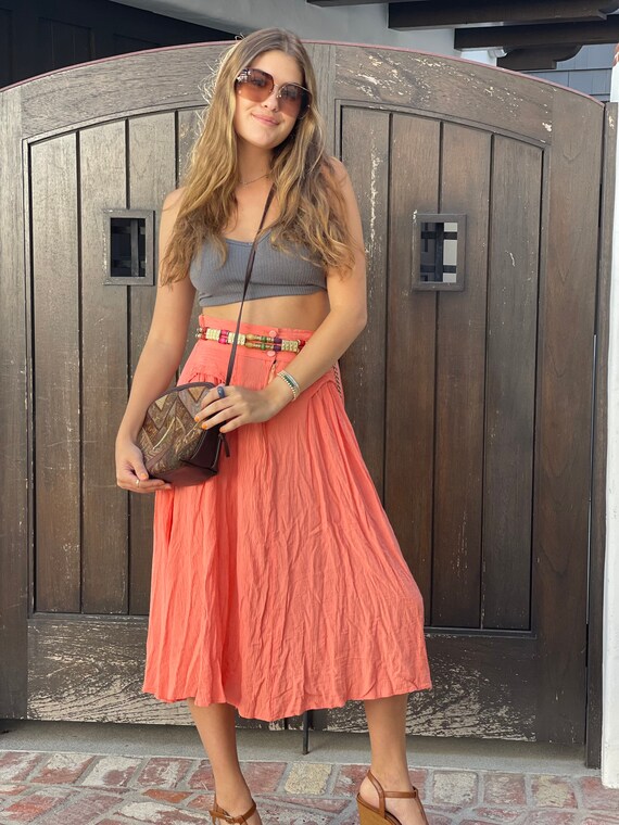 70s 80s Gauzy Coral Hippie Boho Skirt S M pockets - image 5