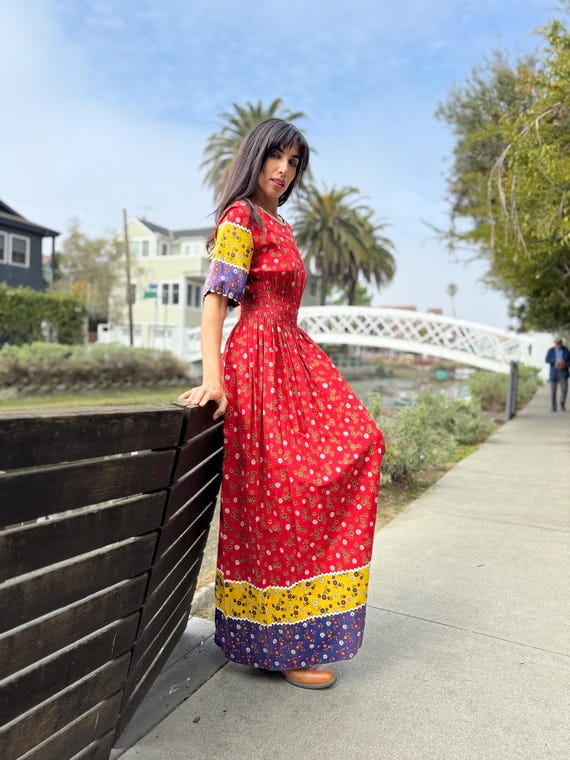 boho floral peasant dress Pink boho dress,long dress,red,Blue,Pink,yellow roses,Peasant dress,Strappy dress