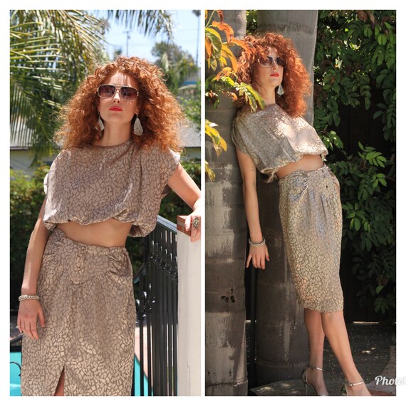 80s metallic two piece set suit blouse skirt S M