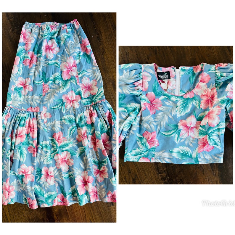 80s Floral SET upcycled from 80s Dress puff sleeve skirt crop image 5