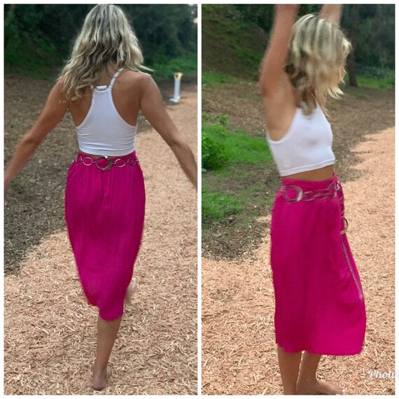 70s SILK MIDI Skirt vibrant Fuchsia pink high wai… - image 2