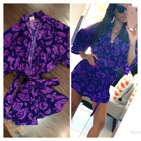 70s 80s Kimono Hawaiian Purple floral Jacket S M
