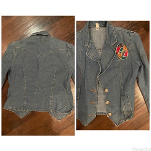 Denim Jean Blazer Jacket with Embellishment Upcycled belt buckle adornment S M image 3