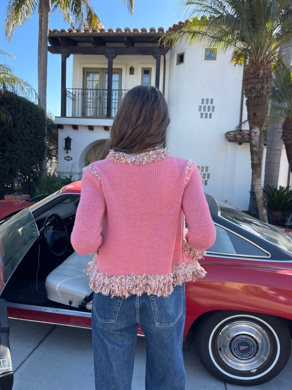 70s 80s Cottage Core Pink Knit cardigan Sweater w… - image 8
